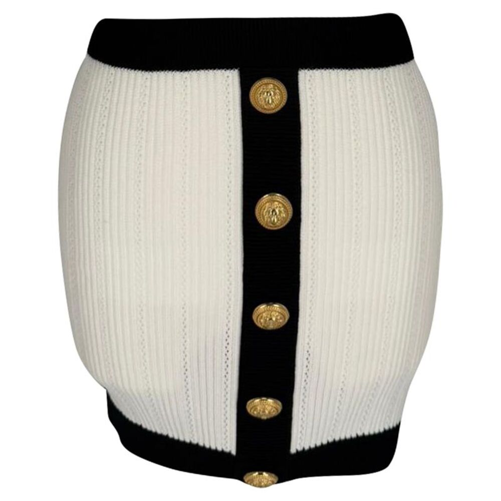 Balmain Button-Embellished Two-Tone Ribbed-Knit Mini Skirt in White Viscose